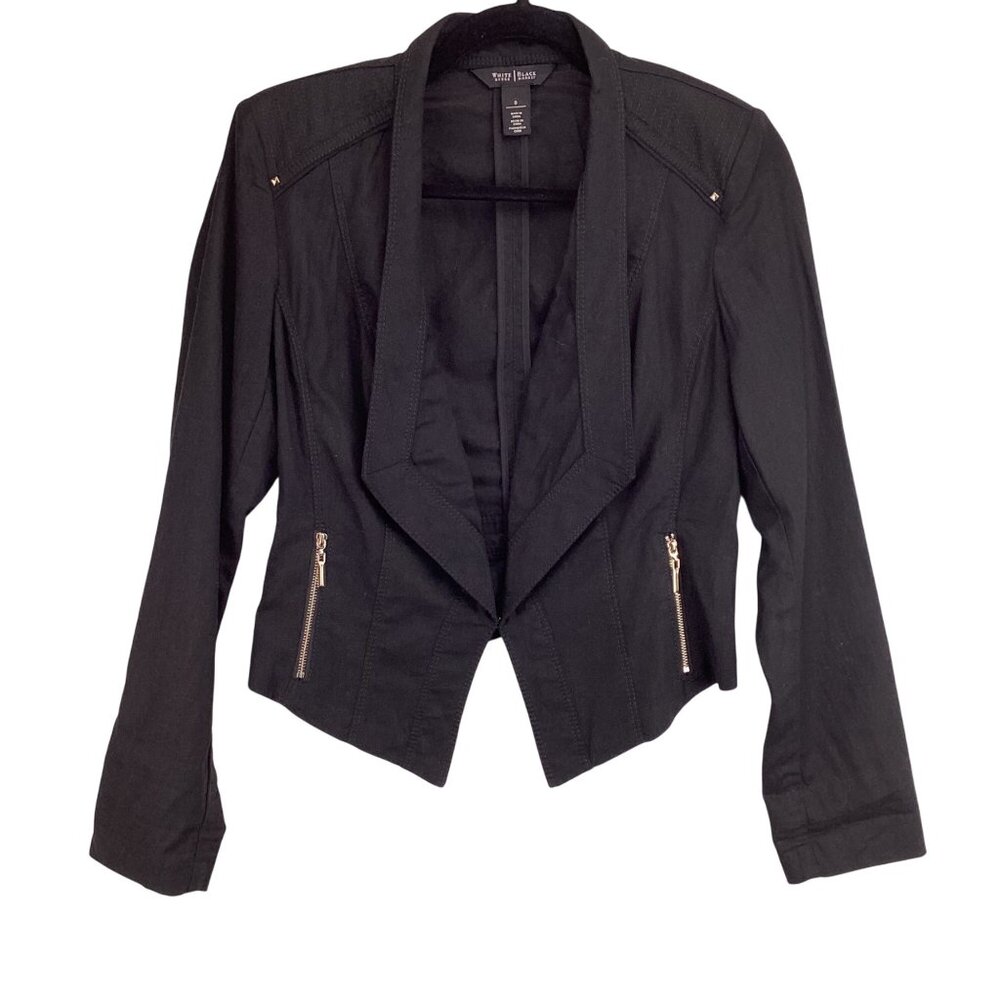 White House Black Market Linen Blazer Jacket Size 0 Black Moto Unique‎